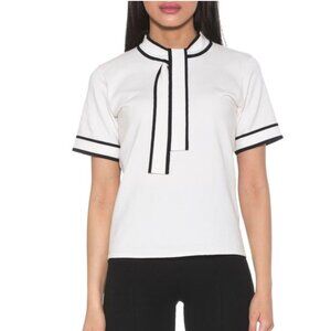 ALEXIA ADMOR Jessica Tie Neck White Black Contrast Knit Top Medium $179